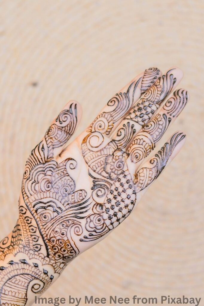 A woman's hand adorned with mehandi designs.