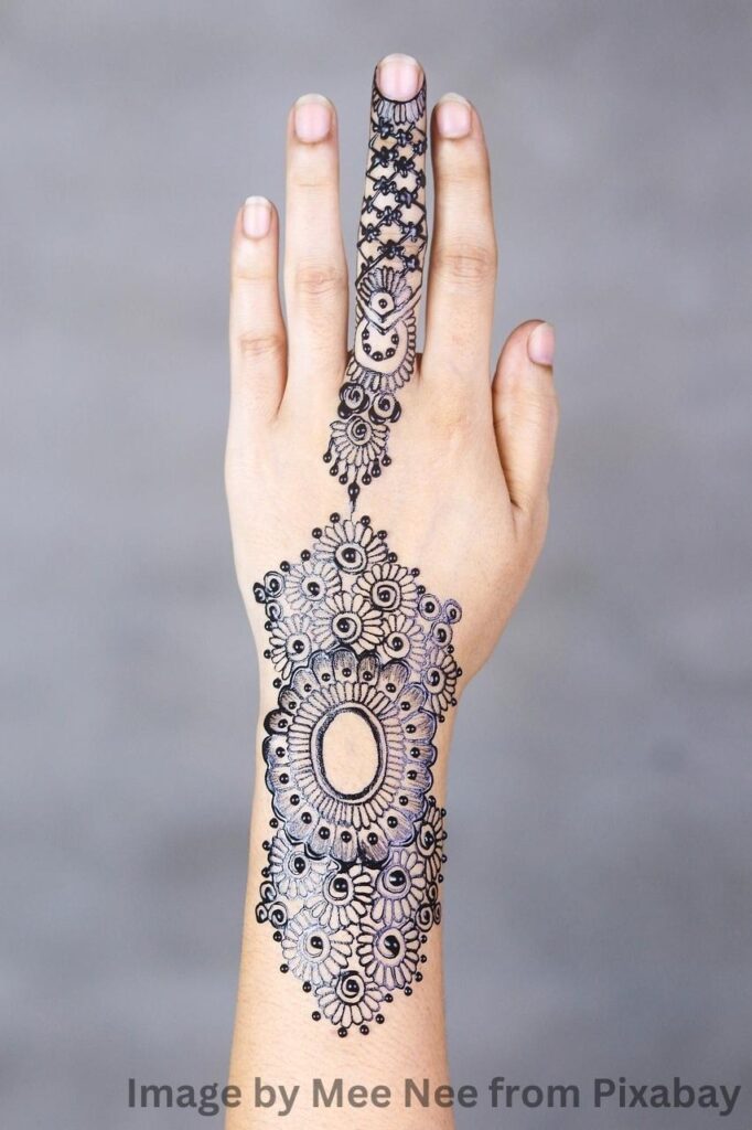 A hand with mehandi design on it.
