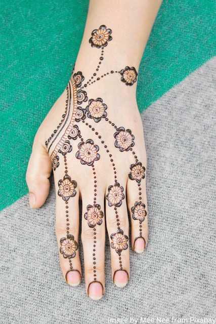 A girl with unique pattern on back hand of सिंपल मेहंदी डिजाइन and this pattern consist of small circle design of simple mehndi.